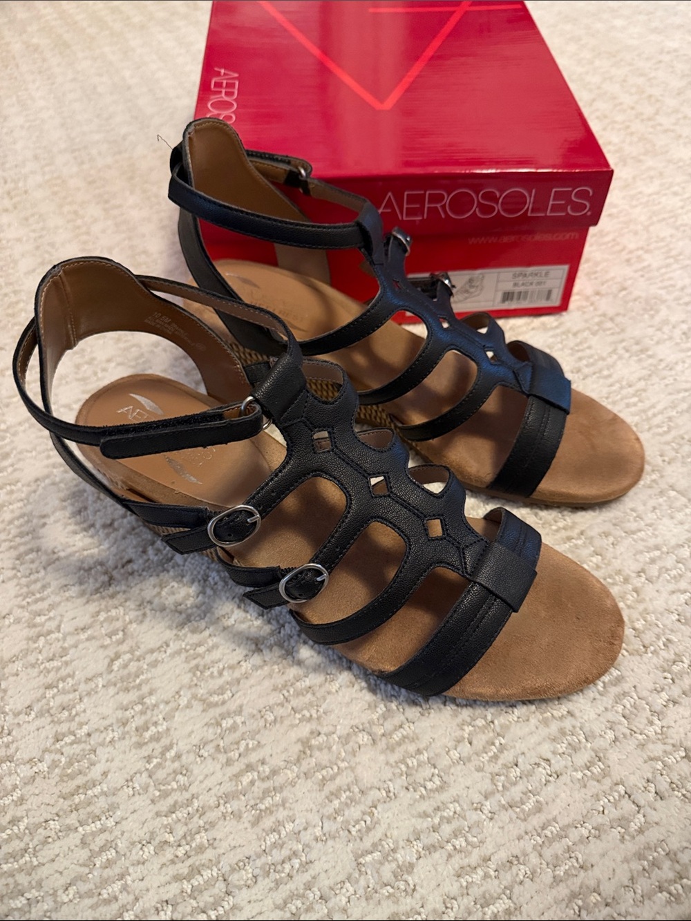 AEROSOLES Black Multi-Strap Buckle Wedge Sandals